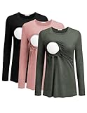Ekouaer Women's Nursing Tops for Breastfeeding 3 Pack Maternity Shirts Double Layer Pregnancy Clothes Long Sleeve Postpartum Long Sleeve Tee Shirt Black/Army Green/Dirty Pink XL