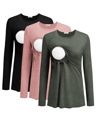 Ekouaer Women's Nursing Tops for Breastfeeding 3 Pack Maternity Shirts Double Layer Pregnancy Clothes Long Sleeve Postpartum Long Sleeve Tee Shirt Black/Army Green/Dirty Pink XL