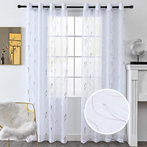 youleyar Silver Foil Print Voile Sheer Curtains,Wicker Grommet Top Window Drapes 90 Inches Long, Luxury Metallic Bronzing Treatment Panels for Home Window Decoration, 2 Panels by youleyar - Used condition - US$17.88