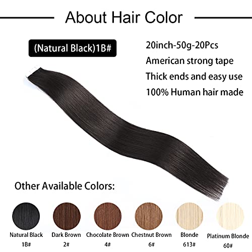20 inch Straight Tape Hair Extensions Double Side Tape in Remy Human Hair Extensions 20pcs 50g/pack (#1B) Off Black
