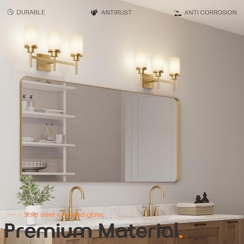 Image of Bathrom Light Fixtures Modern Gold 3 Vanity Lights Over Mirror, Wall Lamps with White Frosted Glass Shade for Toilet Washroom Bath T001GD-L3