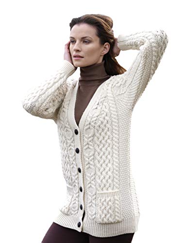 Aran Crafts Women's Irish Cable Knit Wool Soft Buttoned Cardigan (X4241-MED-NAT)
