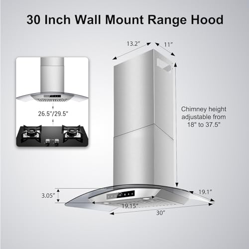 Image of 30 inch Wall Mount Range Hood, 1200 CFM with 4-Speed Gesture Sensing & Touch Control, Stainless Steel Kitchen Stove Vent Hoods with 2 LED Lights, Time Setting, Dishwasher-Safe Baffle Filters