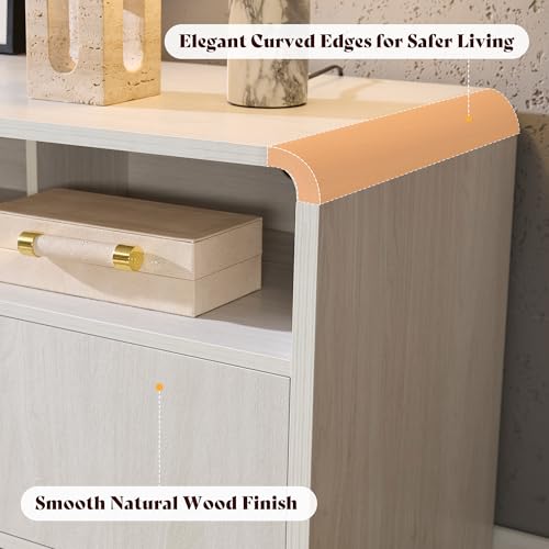 Image of AMERLIFE 70 inch Modern TV Stand for TVs Up to 80 inch, Wood TV Console with Curved Profile Design & 2 Storage Cabinets, Media Console Entertainment Center for Living Room, White