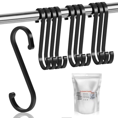 10 PCS Large Heavy Duty S Hooks, 8cm Aluminum S Shaped Hanging Non Slip, Vinyl Coated Multifunction for Kitchen, Bathroom, Office, Hanging Pots and Pans, Coffee Cups (Black, Large)