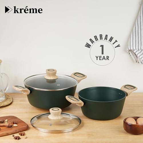 Image of Kreme Venetia Premium Series 4-Piece Granite Casseroles Cookware Set with Lid | Non-Stick Aluminium Cooking Pot | Granite Coating | Induction & Gas Stove Compatible | Healthy Low-Oil Cooking, Green