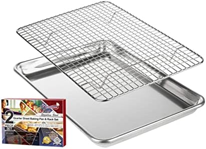 Quarter Baking Sheet & Cooling Rack - Small 1/4 Aluminum Baking Pan w/Stainless Steel Wire Rack Set - Cookie Sheets for Baking - Baking Sheets for Oven Sheet Pan Tray & Baking Rack - 24.4 x 33.02 CM