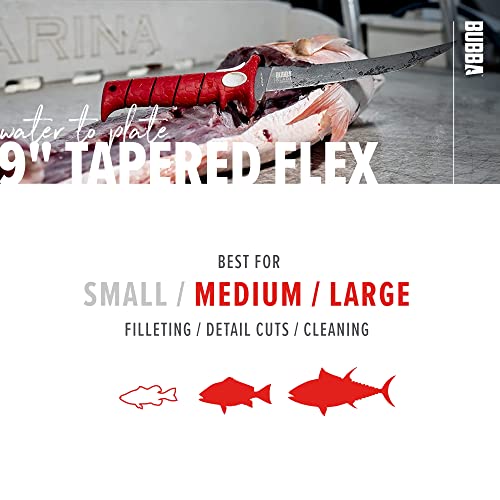 Bubba 9 Inch Tapered Flex Fillet Knife With Non-Slip Grip Handle, Full Tang High Carbon Stainless Steel Titanium Coated Non-Stick Blade, Lanyard Hole And Synthetic Sheath For Fishing #TOP4