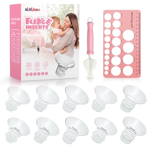 ZÃœCÃœBÃ©BÃ© Flange Inserts 13/15/17/19/21mm(10PCS) & Nipple Ruler & Cleaning Brush, 3 in 1 Flange Sizing Kit, Silicone Flange Insert Kit for 24mm Most Pumps, Breast Pump Replacement Accessories