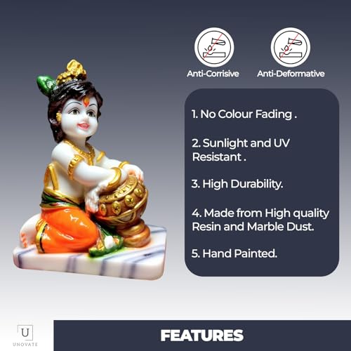 Image of UNOVATE Krishna Makhan Chor Statue Figurine Showpiece for Home Temple, Living Room & Pooja Decor | Lord Krishna Idol Showpiece for Housewarming Gift for Janmashtmi (White Marble Finish)