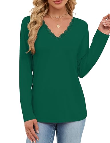 JUSTFASHIONNOW Winter Tops for Women V Neck Long Sleeve Shirts Trendy Lace Shirt Loose Fit Basic Tee Dressy Casual Work Office Outfits 2025 (Dark Green,Medium) — view 3