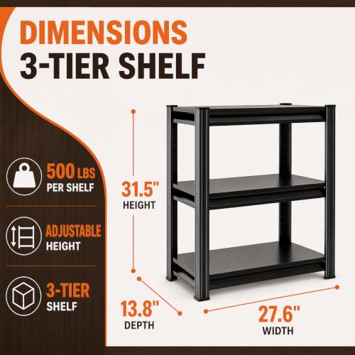 Image of Metal Garage Shelving Unit, Heavy Duty Adjustable Storage Shelves, Steel Shelving, 1500 lbs Capacity Shelves for Heavy Tools and Equipment, 3 Tier, 27.6 inch W x 13.8 inch D x 31.5 inch H
