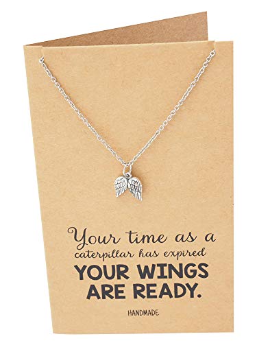 Quan Jewelry Double Angel Wings Pendant Necklace, Perfect Graduation Gifts For Women With Inspirational Quote On Greeting Card, Silver Tone 16" To 18" #TOP30