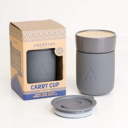 UBERSTAR Carry Cup - 12oz / 350ml - Ceramic Coffee Cup with Thermal Silicone Sleeve and Open/Close Lid (Space Grey)