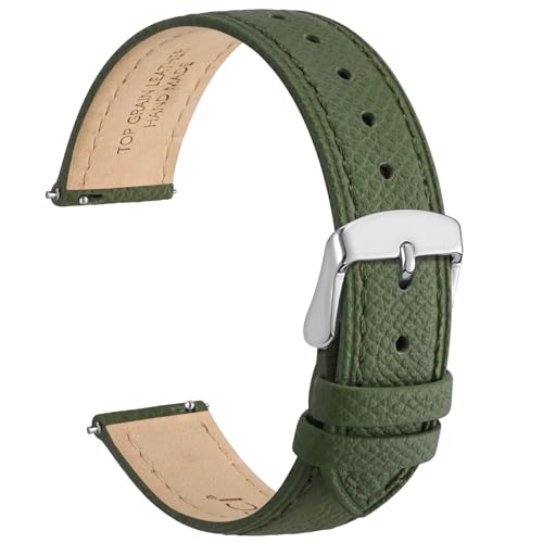 WOCCI 18mm Grace Uhrenarmband für Damen, Top Grain Leder, Schnellverschluss, Silberner Schnalle (Reseda Grün)