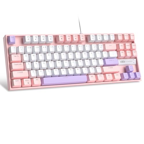 Image of MageGee 75% Mechanical Gaming Keyboard, Red Switch, LED Blue Backlit, 87 Keys Compact TKL Wired Computer Keyboards for Windows Laptop PC Gamer - White /Pink