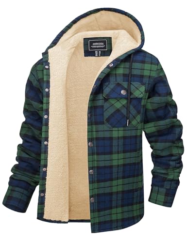 CRYSULLY Men's Flannel Jackets Sherpa Fleece Lined Hoodies Soft Warm Plaid Shirt Jacket Cotton Button Winter Coat with Hood