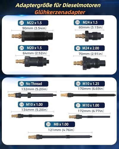 46-teiliges Kfz Kompressionstester mit Doppelanzeige Benzindruck Messgerät Diesel-Kompressionsprüfset Zylinderdruckverlustprüfer für HDi, TDCi, Pump Duse (PD) (1/4 EU-Standard-Lufteinlass)