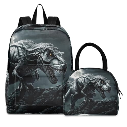 Backpack Lunch Bag Set Dinosaur Halloween Print, Big Storage Travel Backpacks with Insulated Lunch Box for Office Hiking Picnic