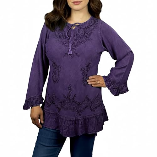 Agan Traders Women's Boho Embroidered Kurta Top – Vintage Rayon Boho Top for Women with 3/4 Sleeves, Ruffle Hem & Tie Neck (147 Pur, S,) Purple