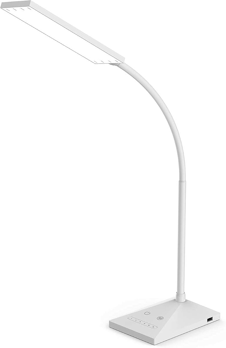 LED Desk Lamp, 12W Dimmable Table Lamp Eye-Caring Reading Light with USB Charging Port Touch Control 5 Color Modes 7-Level Brightness Adjustable for Office Home Bedroom (White)