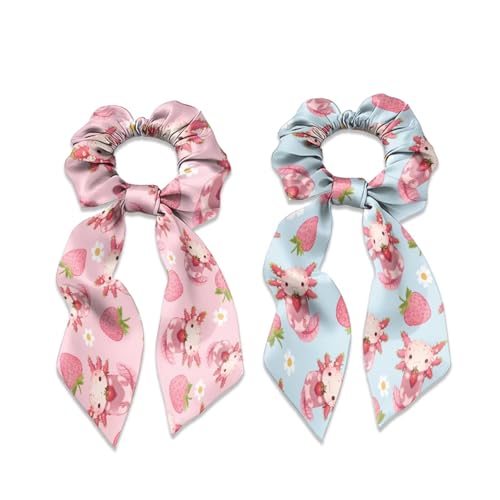 Cugasmaru Scrunchie with Bow Kids Strawberry Cute Hair Scarf for Girls Thick Elastic Scrunchy Satin Hair Wrap 2 Pack Kawaii Hair Bow Scrunchies for Girls 4-6 8-12