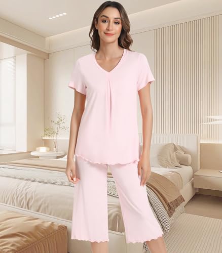 Image of NACHILA Women's Pajama Sets Cooling Bamboo Viscose V-Neck Top & Capri Pants