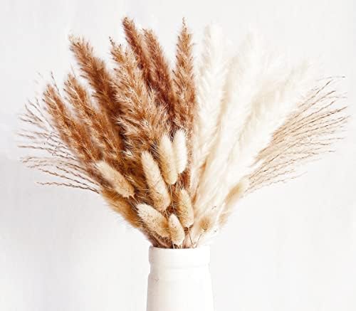 70 Stück Pampas Grass Deko, Kleine natürliche getrocknete Blumensträuße aus Pampas Grass, Boho-Deko für Wohnzimmer, Tisch, Schlafzimmer, Hochzeiten und Badezimmer.