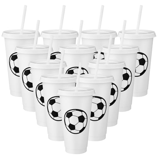 Domensi 12 Pcs Soccer Party Favors Plastic Cups with Lid Straw, White