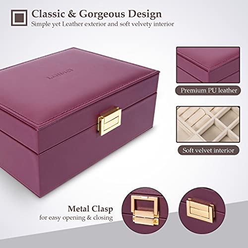 Landici Jewelry Organizer Box For Women Teen Girls,Large Jewelry Storage Case With Mirror,2 Layer Removable Stackable Tray,Leather Jewellery Display Holder For Ring Necklace Earring Bracelets,Purple #TOP4