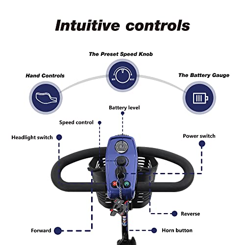 Folding Mobility Scooter For Seniors And Adults - Outdoor Electric Powered Wheelchair Device 300 Lbs Max Weight- Compact Heavy Duty Mobile Scooter For Travel, Adults W/Cup & Phone Holder- Blue #TOP3
