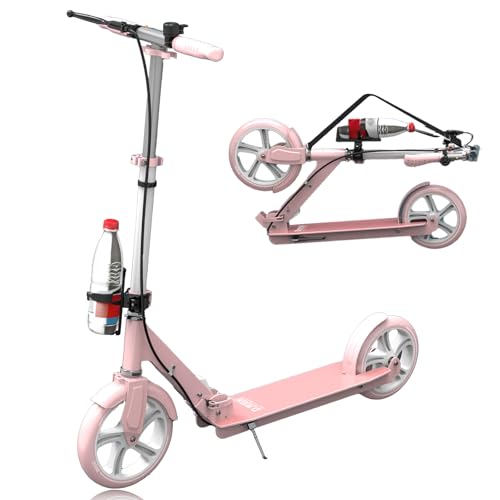 Scooter Cityroller Erwachsene 150 kg Tragkraft, Cityroller Scooter 230 mm Räder PU Big Wheel, City Roller Kinder 10 Jahre, klappbar und Höhenverstellbar mit Bremsen und Stoßdämpfern,Rosa