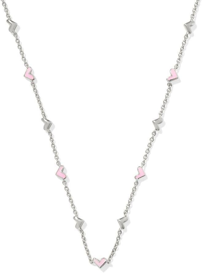 Kendra Scott Haven Pink Enamel Heart Strand Necklace in Rhodium