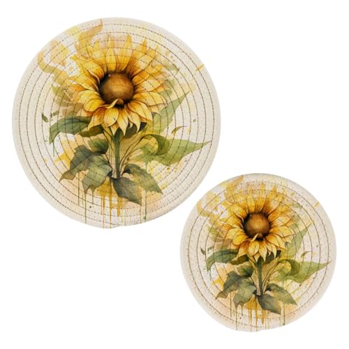 Sunflower Watercolor Kitchen Trivets Pot Holders Set of 2, Trivets for Hot Pots Dishes Woven Trivet Coaster Pad Mat for Counter