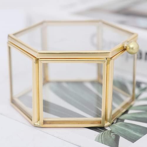 Jewelry Display Decorative Box, Geometric Jewelry Box, Gold Glass Jewelry Trinket Tiny Box, Hexagon Glass Jewelry Box, for Storage and Display Rings, Earrings and Flower