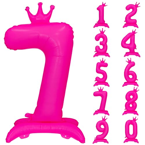 Fluorescent Pink Crown Number 7 Foil Balloon Neon Glow In The Dark Balloon