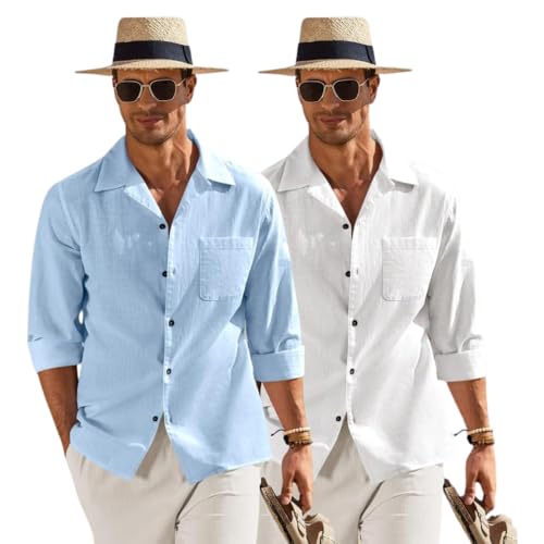Image of Combo of Men's Casual Cotton Blend Shirt || Long Sleeve Button Down with Spread Collar | Lightweight Breathable Fabric | Stylish Solid Shirt for Beach, Office & Everyday Wear Pack of 2