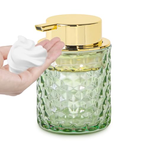 Fvstar 10 Oz Glass Hand Soap Dispenser with Pump, Refillable Bathroom Gold Foaming Soap Dispenser, Vintage Glass Diamond Lotion Container Bottle for Bathroom and Kitchen (1, Green and Gold)