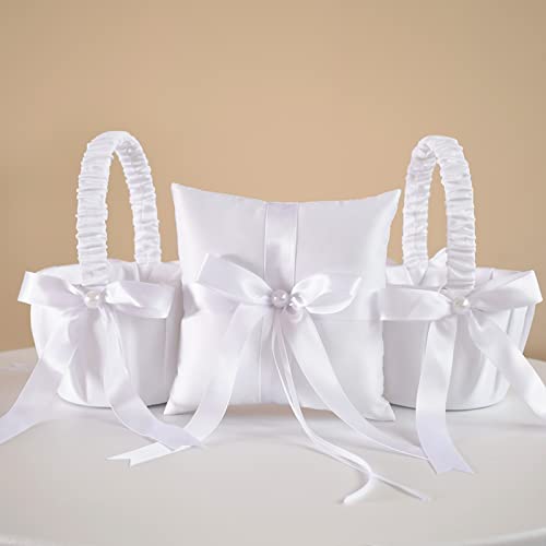 Atailove 2 Pcs Wedding Flower Girl Baskets And Ring Bearer Pillow Set, Satin Bowknot Flower Baskets Pearl Collection - White #TOP3