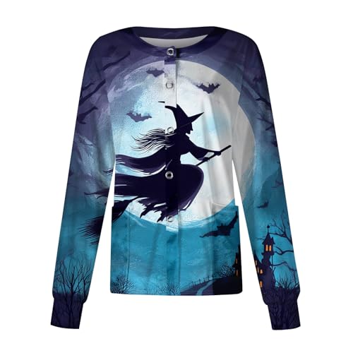 NBXNZWF Womens Halloween Scrub Jacket Pumpkin Print Plus Size Nurse Working Uniform Long Sleeve Button Down Scrub Tops with Pockets Print Scrub Jacket