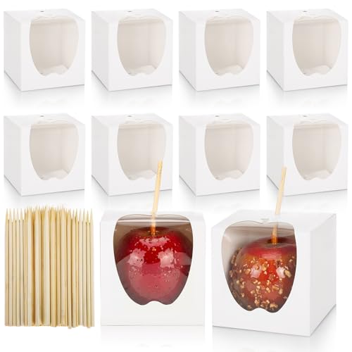 ZEAYEA 50 Pack 4x 4x 4 Candy Apple Boxes with Window and Sticks Food Grade Caramel Apple Gift Boxes with Hole Carboard Treat Favor Packaging for Halloween Thanksgiving Wedding Party