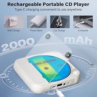 Adirigo Discman Kleiner CD Player Bluetooth 5.3 mit 2000mAh Wiederaufladbarer Tragbarer CD Player mit Kopfhörer USB und AUX Eingang für Musikliebhaber Geschenk (Weiß) – Ansicht 3