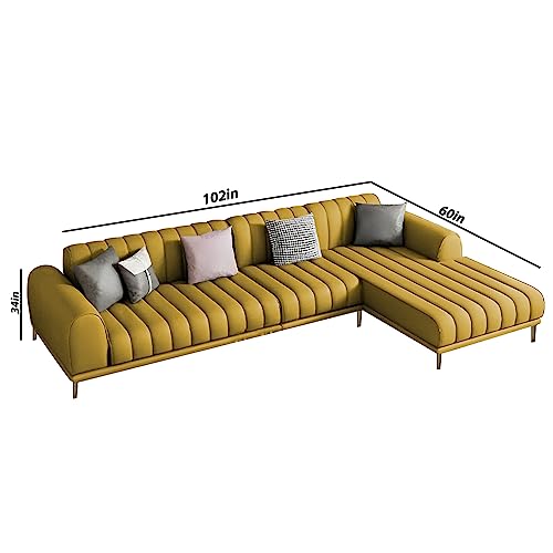 Image of Casaliving Herrick RHS 6 Seater L Shape Sofa Set with 2 Puffy for Living Room (Yellow) Premium Velvet Fabric Sofa