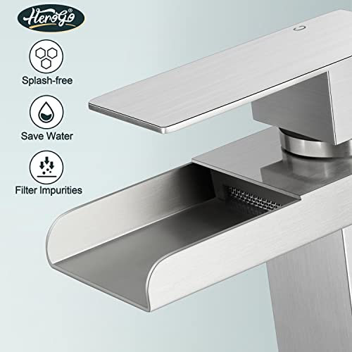 Herogo Waterfall Bathroom Faucet, Brushed Nickel Bathroom Faucets For Sink 1 Or 3 Hole With Brass Pop Up Drain, Stainless Steel Single Handle Vanity Rv Lavatory Mixer Tap With 2 Water Hoses #TOP3