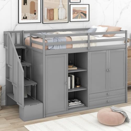 SOFTSEA Twin Size Loft Bed with Storage Staircase and Wardrobe, Solid Wood Functional Loft Bed Frame with Shelves for Kids, Teens, Space-Saving Loft Bed Frame, No Box Spring Needed