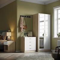 ELEGANT High Gloss Mirrored Wardrobe Set 2 Doors Wardrobe with Mirror and 4 Drawer Chest and Bedside Cabinet, White/Oak