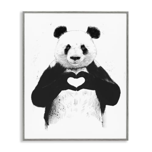 'Black and White Panda Bear Making a Heart Ink'| Framed Giclee Art