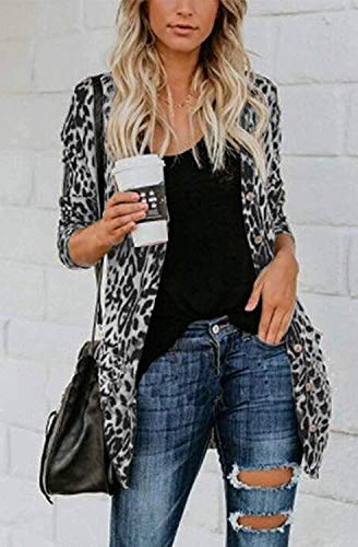 Lightweight Cardigans Shirt For Women Sexy Long Sleeve Leopard Print Casual Cardigan Tops With Pockets White #TOP1