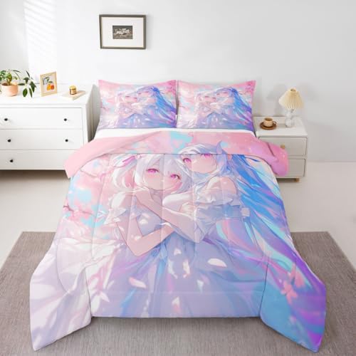 Image of Erosebridal 3D Kawaii Girly Bedding King Size, Japanese Girl Comforter Set for Kids Toddler Girls Cherry Blossoms Bedding Comforter Sets, Watercolor Romance Duvet Set Happy Friendship Down Comforter