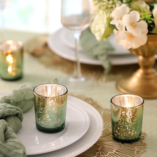 Volens Green Votive Candle Holders Set of 12, Speckles Mercury Glass Tealight Candle Holder Bulk for Table Wedding Centerpiece, Green and Gold Party Decorations & Home Decor by Volens - Image 4